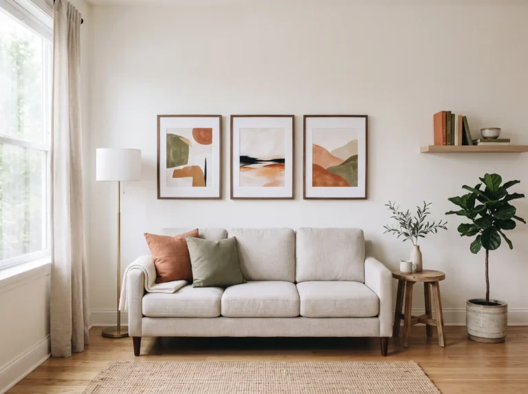 Art size calculator example: three matching framed prints hung above a linen sofa in a small apartment living room